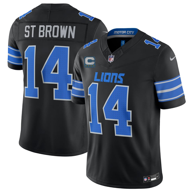 Men's Black Detroit Lions #14 Amon-Ra St. Brown 2026 With 4-Star C Patch F.U.S.E. Vapor Limited Stitched Jersey